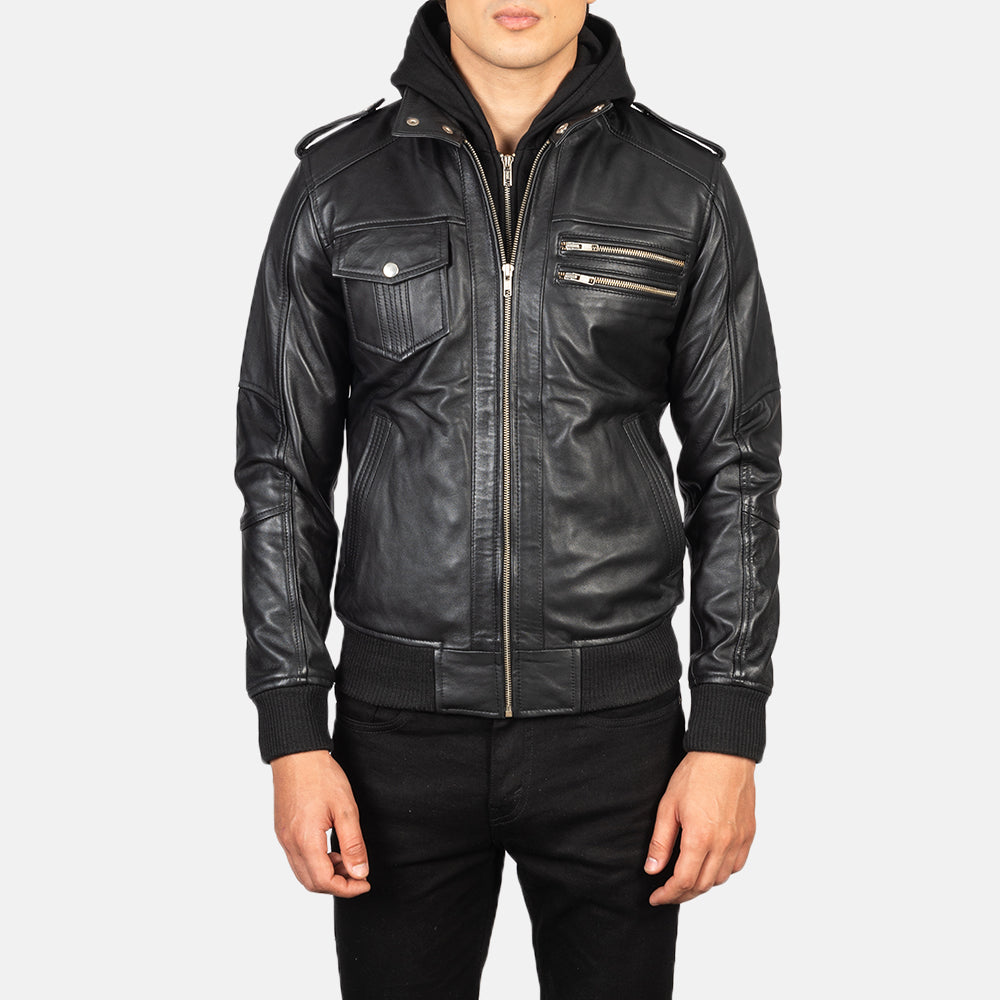 Men's Bravado Black Hooded Leather Bomber Jacket – The Jacket Maker